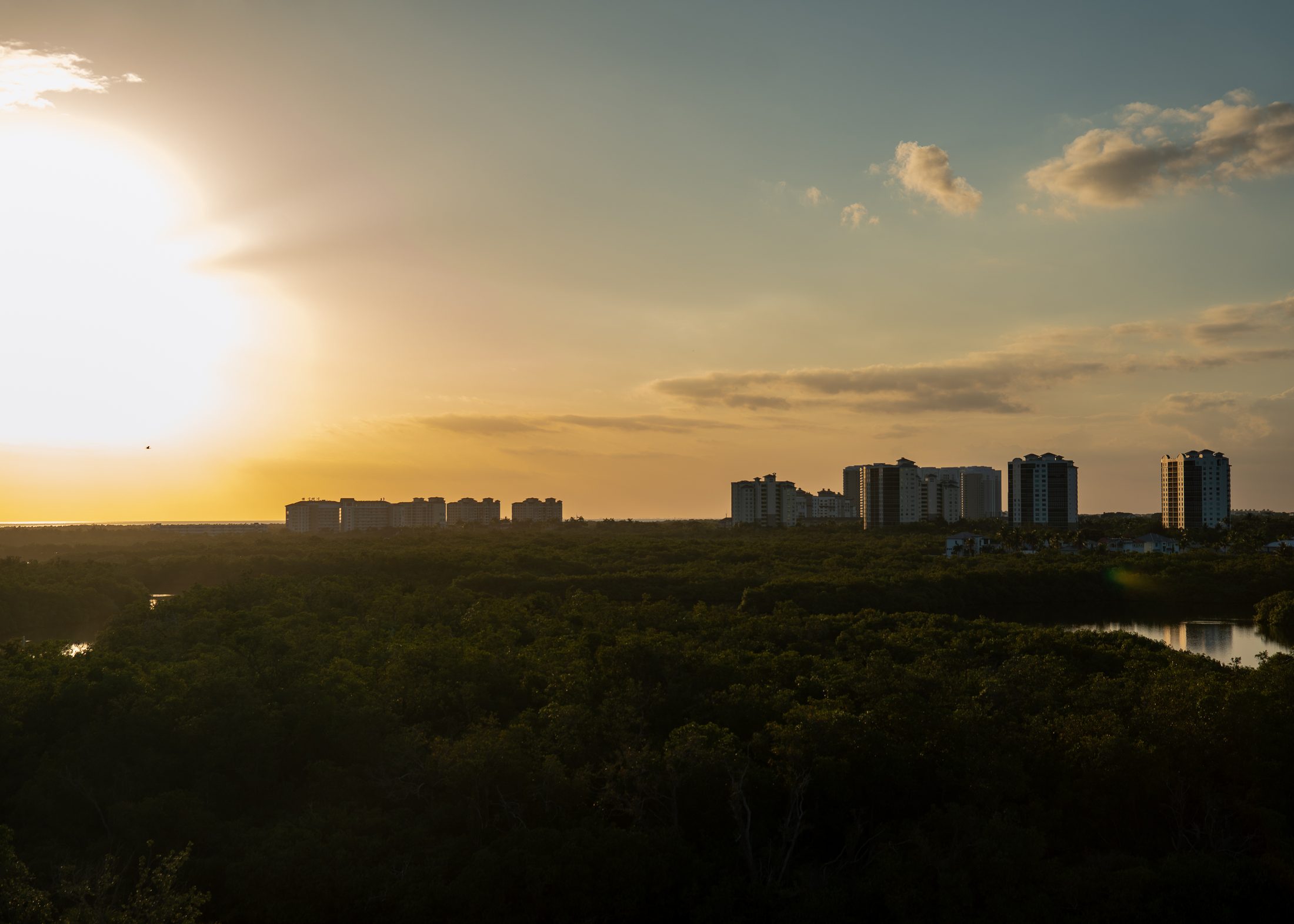Golden sunset over a coastal resort, used as the working-session background